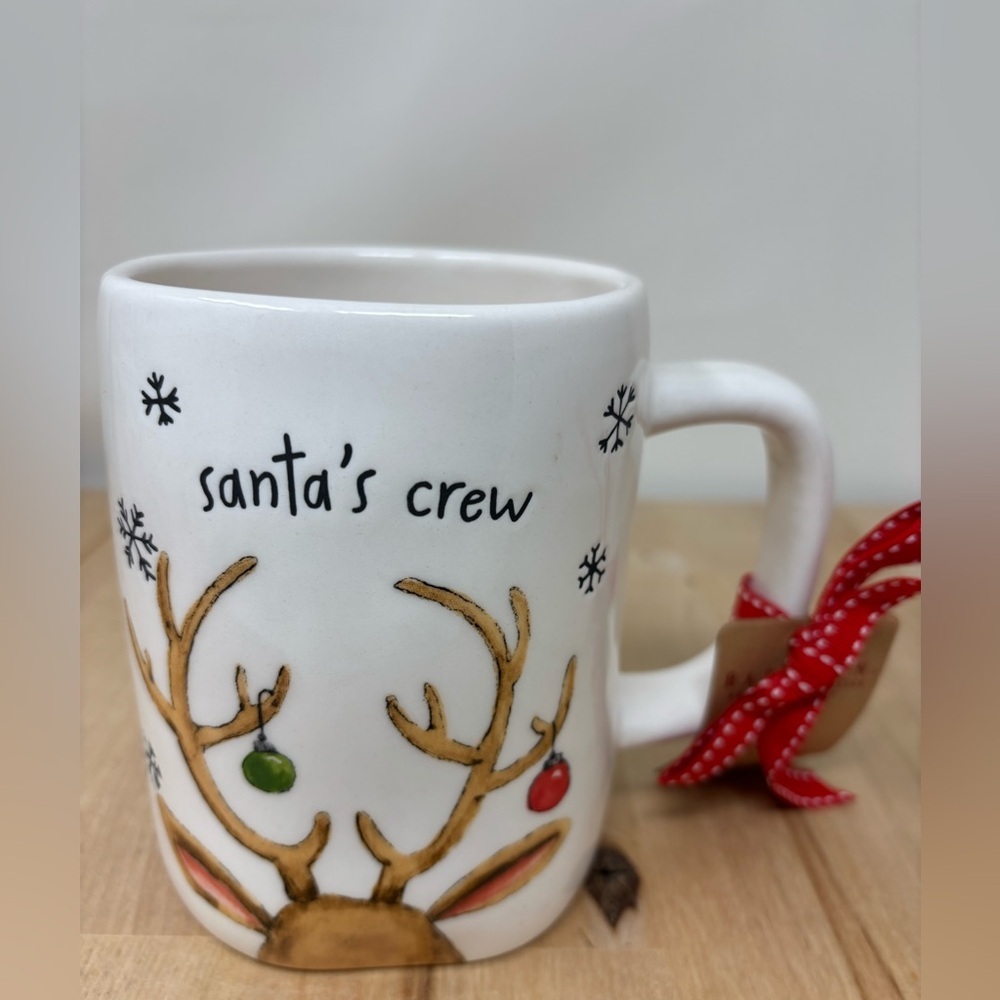 Rae Dunn Christmas SANTA"S CREW Mug White Double Sided Ceramic Watercolor Art